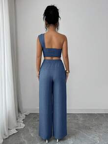 SHEIN Elenzya 优雅3D花卉装饰休闲度假无袖上衣和裤子女式两件套 - 藍色 - 查看 2