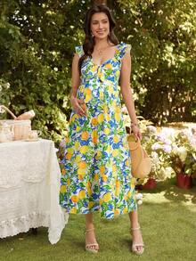 SHEIN 波西米亚风孕妇连衣裙，泡泡袖，腰部系带，春夏休闲度假装 - 彩色 - 查看 4