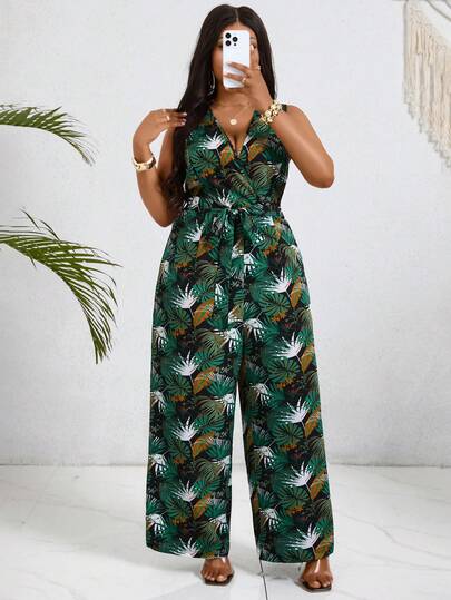 Villa Velisse Women's Elegant Sleeveless V-Neck Tie-Up Floral Jumpsuit For Vacation