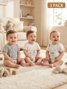 SHEIN Bộ 3 món áo liền quần ngắn tay dễ thương, tối giản, thoải mái, mềm mại, thoáng khí cho bé trai sơ sinh, họa tiết voi, mây, sao và trăng, thích hợp mặc hàng ngày vào mùa xuân/hè, dự tiệc sinh nhật và chụp ảnh. - Xám - Xem 4