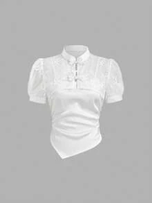 Sweetra Áo sơ mi nữ kiểu Pháp thanh lịch, thiết kế 2 trong 1, cổ tàu, chất liệu satin, dáng ôm vừa vặn, thoải mái, thích hợp cho mùa hè và các dịp lễ hội. - trắng - Xem 2