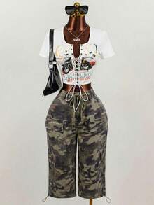 Slaydiva 女士迷彩印花系带抽绳下摆休闲牛仔裤 - 軍綠色 - 查看 2