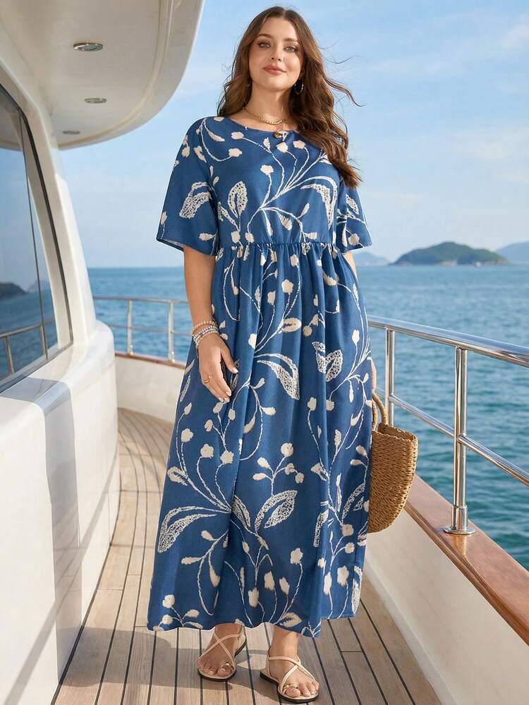 Plus Size Women's Summer Casual Vacation Country Short Sleeve Waist Pleated Side Pockets Blue Floral Print Loose Long Dress, Suitable For Spring/Summer Music Festival Bohemian Style,Spring/Summer,Summer/Vacation,Summer Holiday,Spring Break Outfits ,Vacation Outfits Women ,Holiday Outfits For Women,Going Out Outfits,2026 New Clothes,Simple And Fashionable For Everyday Wear,Suitable For Summer, Vacation, Daily Wear,Suitable For Summer, Vacation, Daily Wear,Dresses For Women,Flowy Dress ,Beach Outfits For Women,Casual Vacation Boho Dress,Summer Dresses, Country Women's Summer Dresses,Casual Dresses For Women,Nautical Dresses For Women,Country Concert Outfit
