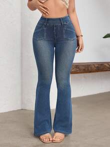Flexra 女士高腰休闲百搭喇叭牛仔裤 - 藍色 - 查看 4