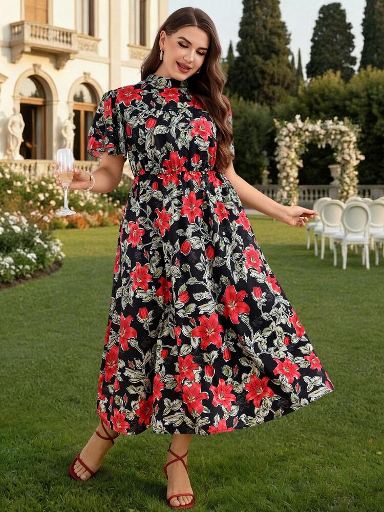 Plus Size Women Elegant Floral Print Ruffle Sleeve Maxi Dress