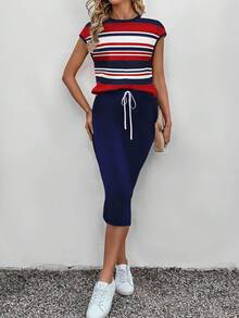 SHEIN LUNE Women's Color Block Top And Drawstring Waist Skirt Fashion Date Outfit Set - Multicolor - View 4