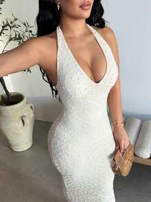 Dayanna Comas Đầm Maxi Ôm Eo Cổ Chữ V Họa Tiết Mùa Xuân/Hè Mới Lãng Mạn, Phong Cách Sang Trọng Cho Đêm Hẹn Hò - Màu be - Xem 3