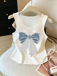 SHEIN 女士珍珠装饰蝴蝶结圆领吊带背心，夏季 - 彩色 - 查看 4