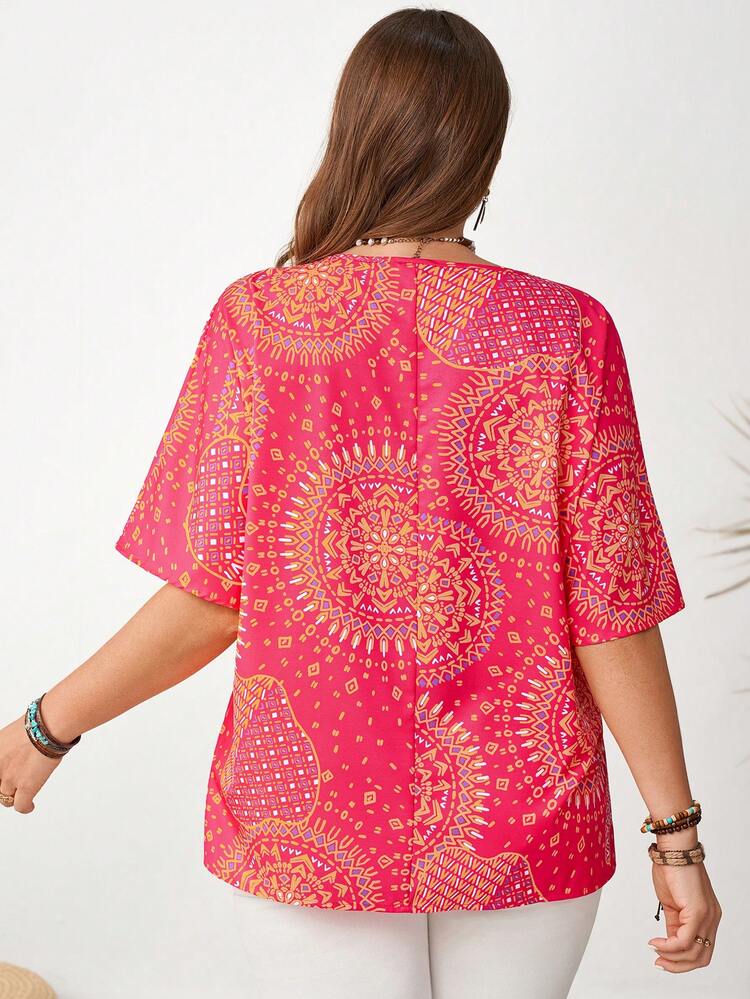 Plus Size Casual Geometric Print Batwing Sleeve Shirt