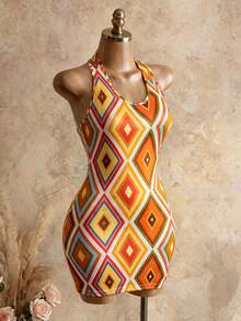 Zolique Women's U-Neck Fitted Sexy Backless Geometric Vintage Print Mini Dress, Suitable For Music Festivals, Parties, Beach Vacations - Multicolor - View 1