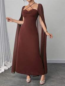 Modelyn Heavily Pleated Sexy Fitted Waist Flared Hem Dress For Women - Coffee - View 5