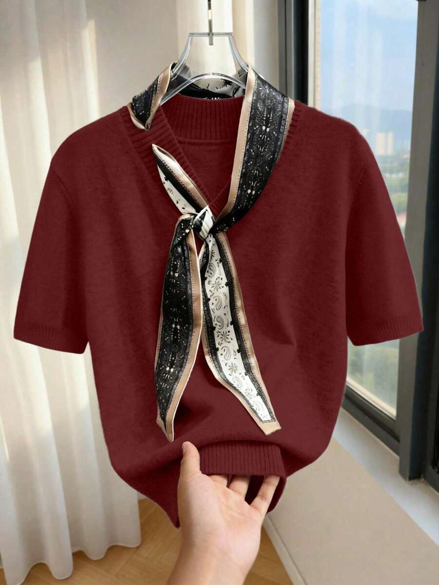 SHEIN Franclia 新款复古宽松V领短袖百搭叠穿休闲上衣，适合工作和通勤，不对称系带简约韩版商务中性针织衫 - 酒紅色 - 查看 1
