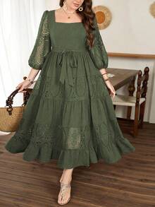Lacomfia Plus Size Women's Square Neck Lantern Sleeve Tie Waist Ruffle Hem Embroidery Patchwork Elegant Dress - Green - View 3