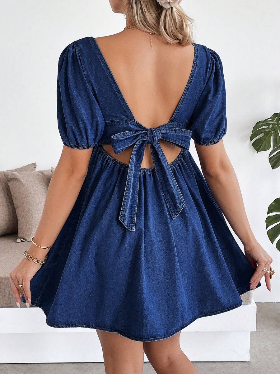 SHEIN Đầm bầu denim xanh tay cánh hoa - Rửa tối - Xem 1