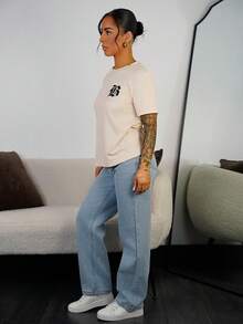 SAYEHFBABY 女式修身休闲短袖T恤图案T恤女式上衣 - 杏色 - 查看 6