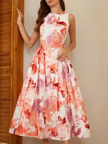 BELROSIE Robe maxi élégante et décontractée pour femmes, avec imprimé floral romantique oversize, col rond, sans manches, taille cintrée et design de fronces sur les côtés - Multicolore - Voir 3
