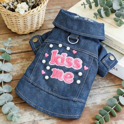 PETSIN 1 chiếc áo khoác màu xanh thêu cho thú cưng, trang trí hình trái tim đính ngọc trai, kiểu dáng retro, phong cách đồng phục công sở, dành cho mèo và chó.