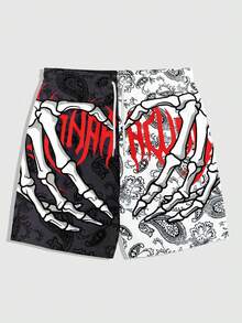 ROMWE MEN Goth Quần short nam phối màu in hình đầu lâu, có dây rút. - Nhiều màu - Xem 1