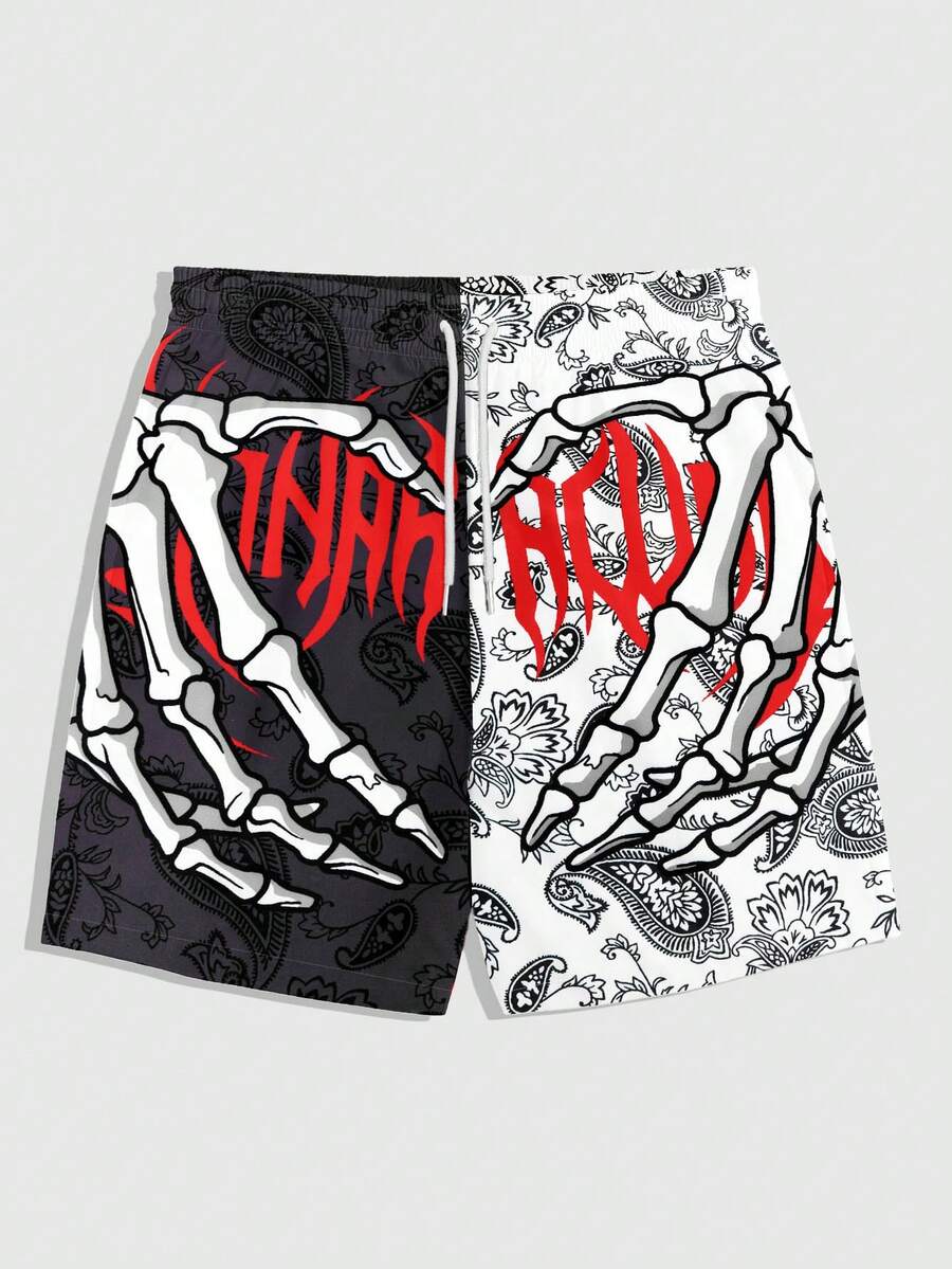 ROMWE MEN Goth Quần short nam phối màu in hình đầu lâu, có dây rút. - Nhiều màu - Xem 1