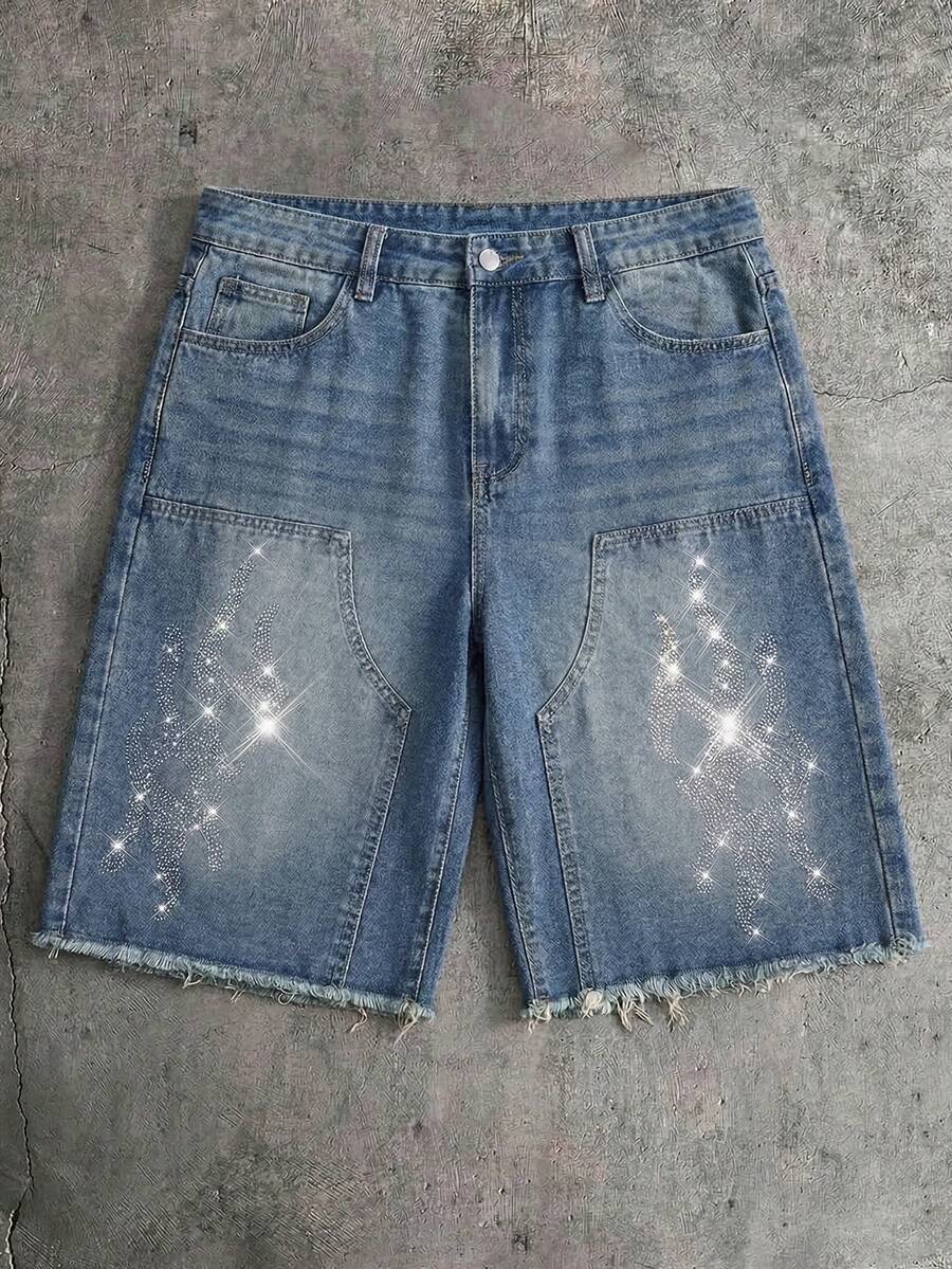 AXEPEAK 男士休闲牛仔短裤，斜插口袋，水钻装饰，毛边裤脚 - 藍色 - 查看 1