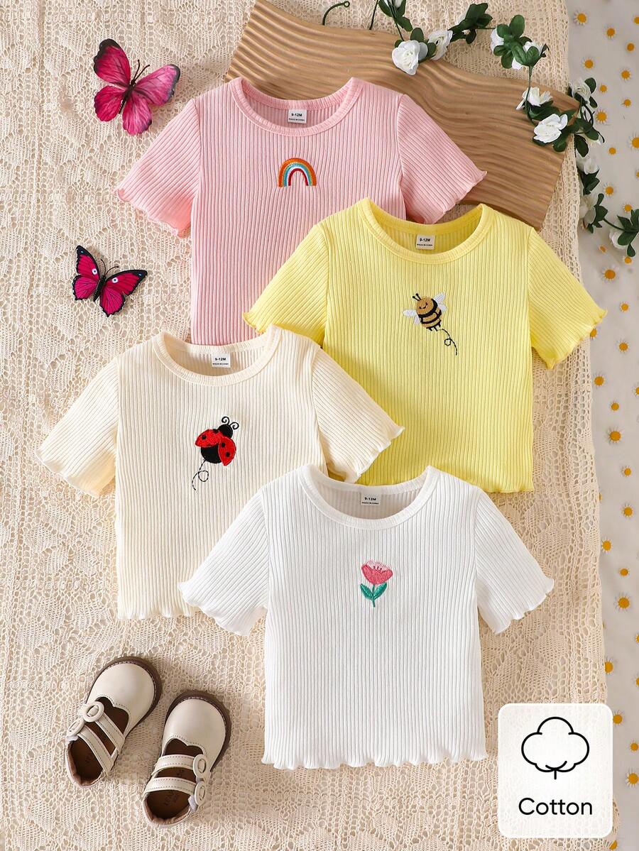 SHEIN Vintaside Kids 4 chiếc áo thun ngắn tay thêu họa tiết dễ thương, đa năng cho bé gái. - Nhiều màu - Xem 1