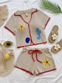 Soleia Women's Vacation Beach Contrast Trim Embroidered Knit Top - Apricot - View 1