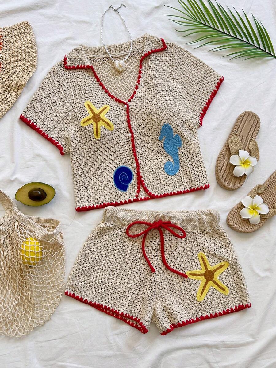 Soleia Women's Vacation Beach Contrast Trim Embroidered Knit Top - Apricot - View 1