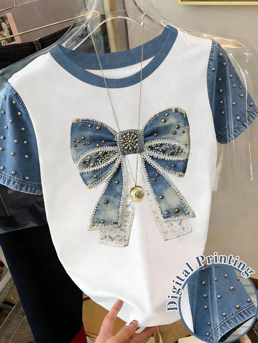 SHEIN 热销新款女式短袖T恤,适合购物、与闺蜜外出、日常通勤和休闲出行,春夏百搭。 - 彩色 - 查看 1