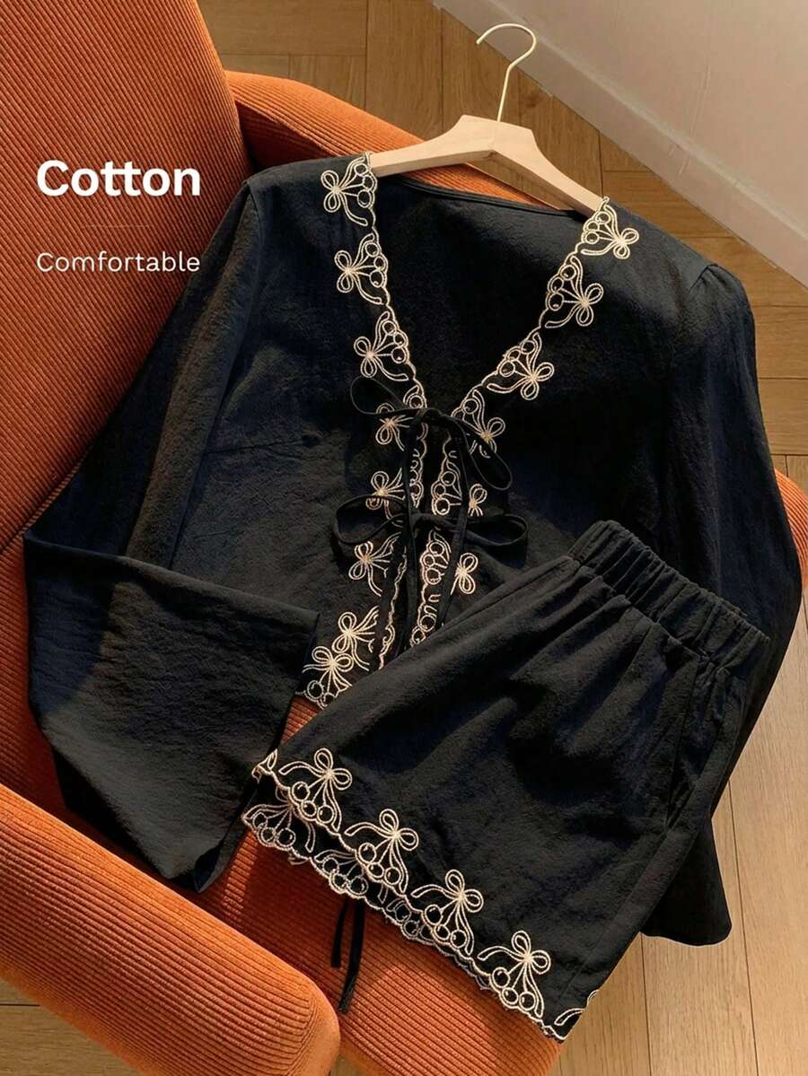 Comfortcana 女士波西米亚风腰果印花系带衬衫和短裤黑色两件套 - 黑色 - 查看 1