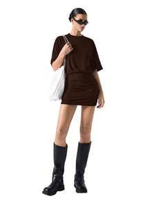 LYSMO 2026 Frühling/Sommer Neu Kaffeebraunes Enges Minikleid mit Rundhalsausschnitt und Kurzarm für Frauen - Kaffeebraun - Übersicht 6
