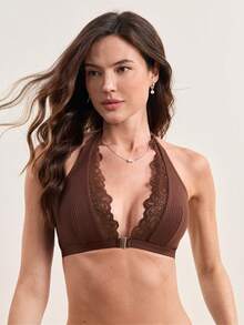 Hourtrue Elegant Sexy Front Closure Romantic Lace Patchwork Halter Bra - Coffee Brown - View 3
