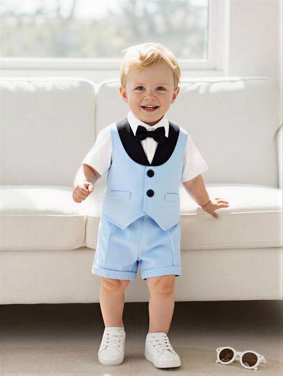 SHEIN 2pcs Baby BoyGentleman Outfit - Blue Collar Vest Jacket & Elastic Waist Shorts Set, Suitable For Birthday Party, Evening Event, Performance,   Season, Baby ChristeningWedding,Prom,Graduation