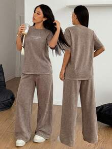 SHEIN PETITE 女士水洗棕色T恤和裤子两件套休闲套装 - 鏽棕色 - 查看 1