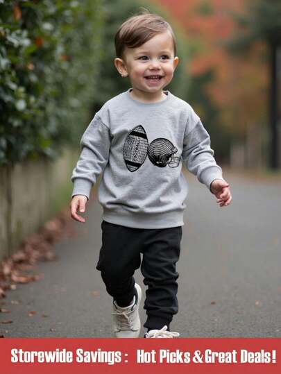 SHEIN 2 件套年轻男孩休闲运动跑步街头潮流学院风套装，适合秋冬季