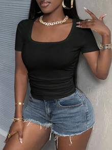 Slaydiva 97% Cotton Ribbed Casual Basic Summer Round Neck Short Sleeve Slim Fit Side Ruched Ribbed Stretchy T-Shirt - Black - View 6