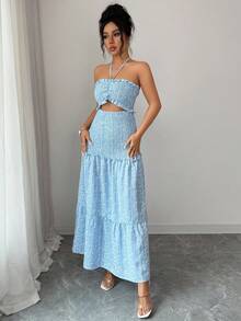 Rafferiza 女士褶裥露背优雅中长连衣裙，适合派对和聚会 - 藍白色 - 查看 5