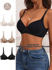 NudeFit 3pcs Women's Solid Casual Comfortable Ribbed Fabric Wire-Supported Lift & Instantlift Bra - Multicolor - View 3
