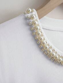 Franclia Women's Round Neck Short Sleeve Solid Color Slimming T-Shirt White T-Shirt White Pearl Top Pearl Embellished Top Women's Top Pearl Neck Top - White - View 5