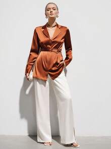 Aveloria Modichic 极简通勤风衬衫裙，翻领设计，腰部饰有腰带，隐形门襟，长袖，修身显瘦 - 銅色 - 查看 2