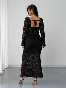 Elenzga Plus Size Black Lace Patchwork Long Sleeve Cropped Top & High Slit Skirt 2 Piece Set - Black - View 2