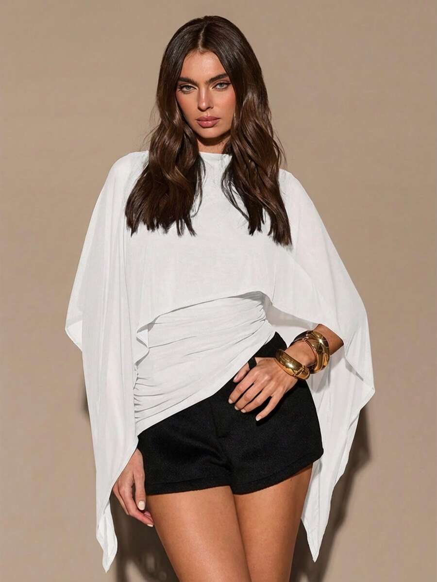 SHEIN BAE Women's Autumn/Winter Brown Cape Shawl Collar Ruched Fitted Sweater Top - White - View 1