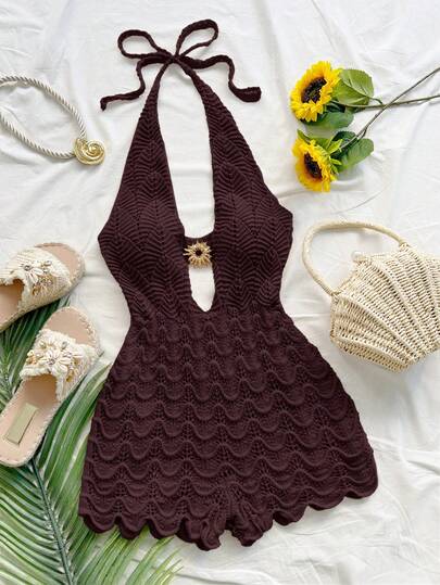 Soleia Mono sin mangas con cuello en V y textura de ganchillo con acento metálico para mujer, adecuado para vacaciones, té de la tarde, temporada de bodas, fiesta