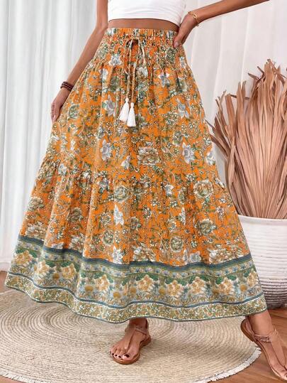 Breezaya Drawstring Waist Tassel Decor A-Line Skirt For Women Maxi Women Outfit