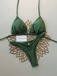 Swim Vcay Set de 2 piezas Bikini con copa triangular y escote halter para playa y vacaciones, primavera/verano - Verde militar - Ver 1