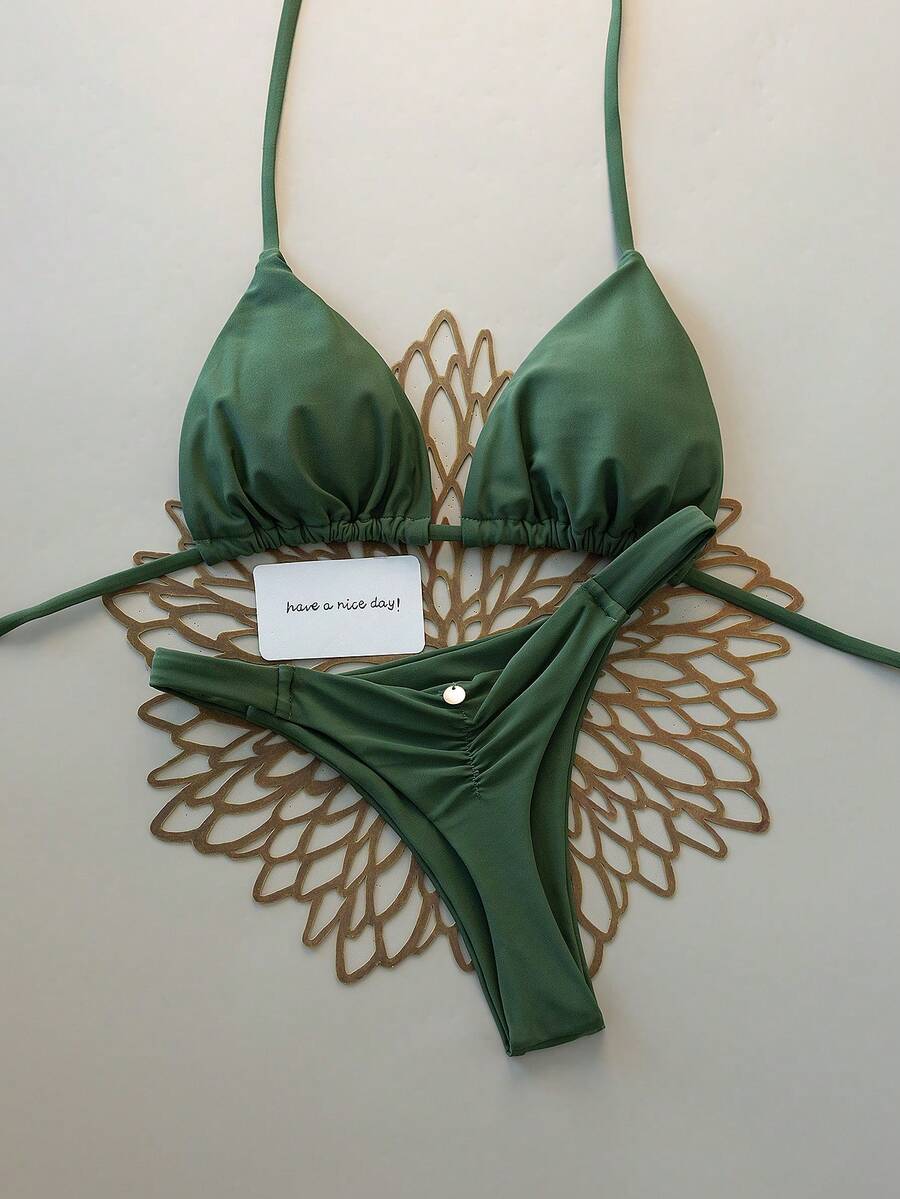 Swim Vcay Set de 2 piezas Bikini con copa triangular y escote halter para playa y vacaciones, primavera/verano - Verde militar - Ver 1