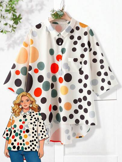 EMERY ROSE Camisa casual de mujer talla grande con botones, bolsillo y patrón de lunares