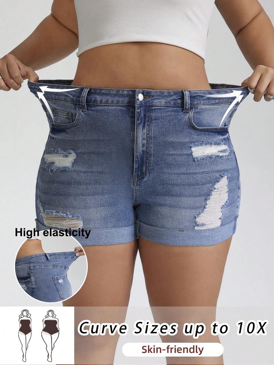 SHEIN CURVE+ Shorts vaqueros informales con bolsillos y dobladillo, talla grande, con efecto desgastado, adecuados para uso diario y actividades al aire libre - Lavado ligero - Ver 1