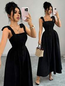 Elenzga 新款系带肩部纹理双色编织中长连衣裙，青春优雅百搭的办公服饰 - 黑色 - 查看 3