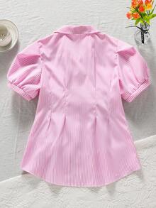SHEIN Vintaside Kids 条纹前开襟短袖休闲衬衫，灯笼袖，蝴蝶结腰身，A字廓形，修身显瘦，适合通勤、度假休闲等场合，夏季穿着。 - 珊瑚粉 - 查看 2