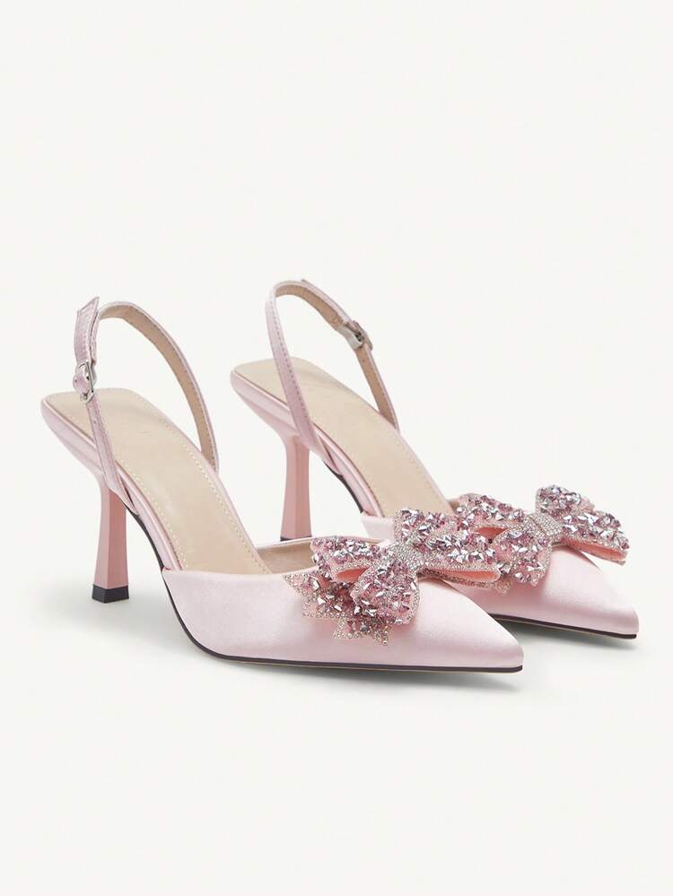 CUCCOO CHICEST Women's Rhinestone Bowknot Pointed Toe High Heels, Elegant Lady Sweet Cute Charming Satin Pink Ladies Pumps For Party, Date, Afternoon Tea, Formal Occasion, Birthday For Christmas Elegant Shoes Wedding Shoes Summer Shoes Bride Shoes
